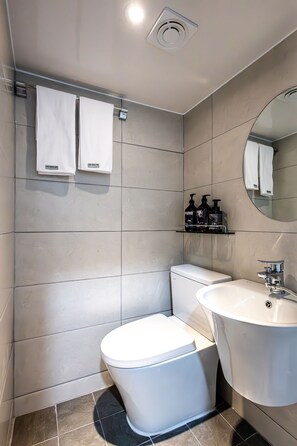 Une salle de bain moderne avec des toilettes, un lavabo et un miroir. Deux serviettes sont suspendues sur un porte-serviettes et une étagère contient des articles de toilette.
