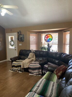 Smart TV, fireplace, DVD player, books