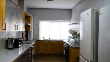 Fridge, microwave, electric kettle, toaster