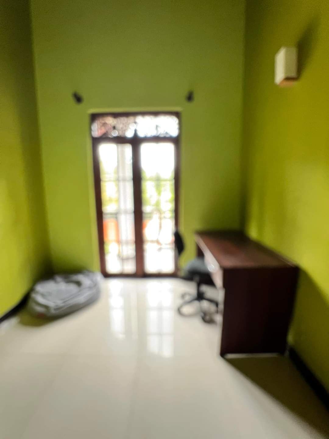 A room with a green wall, a white floor, and a door with glass panels.