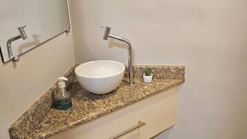 A bathroom with a white sink, two faucets, a soap dispenser, and a small potted plant on a granite countertop.