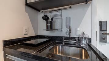 Fridge, microwave, coffee/tea maker, electric kettle