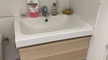 Shower, hair dryer, towels, toilet paper