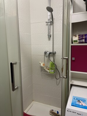 Chuveiro, secador de cabelo, toalhas de banho, papel higiênico