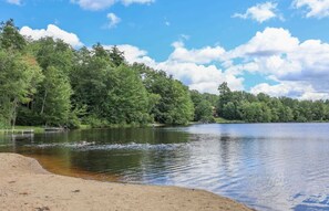 Um lago com margem arenosa e árvores densas ao fundo.