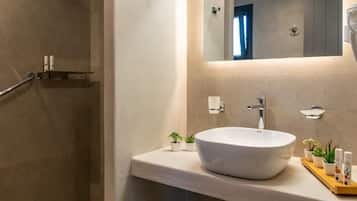Shower, hydromassage showerhead, eco-friendly toiletries, hair dryer
