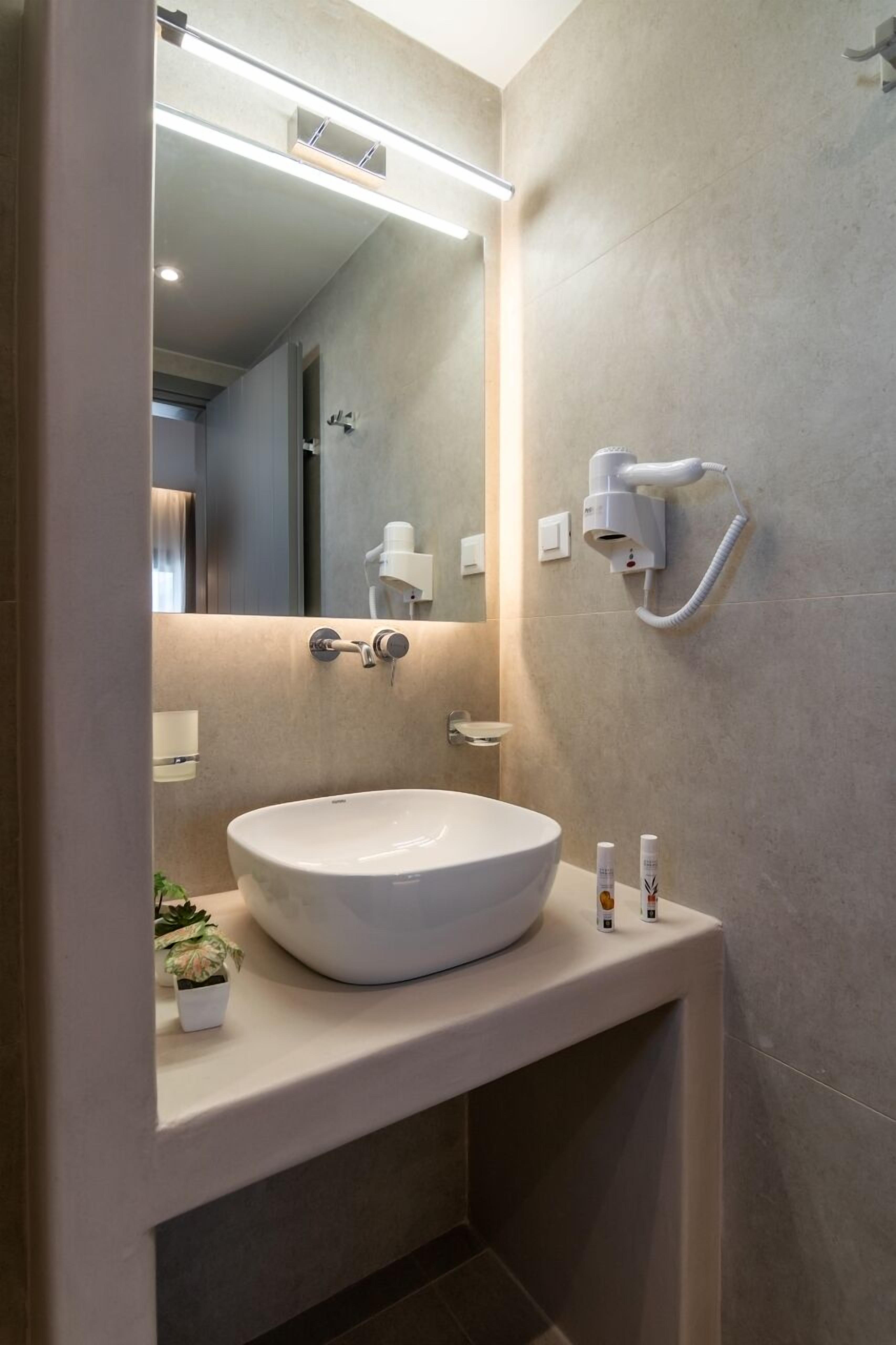 A modern bathroom with a large oval sink, a mirror with integrated lighting, a hairdryer, and a small potted plant.