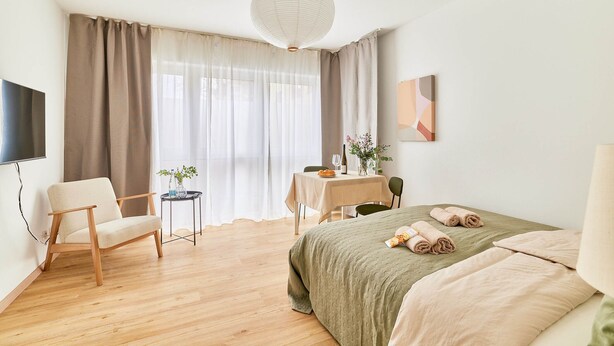 A hotel room with a bed, a chair, a table with a plant, and a TV.