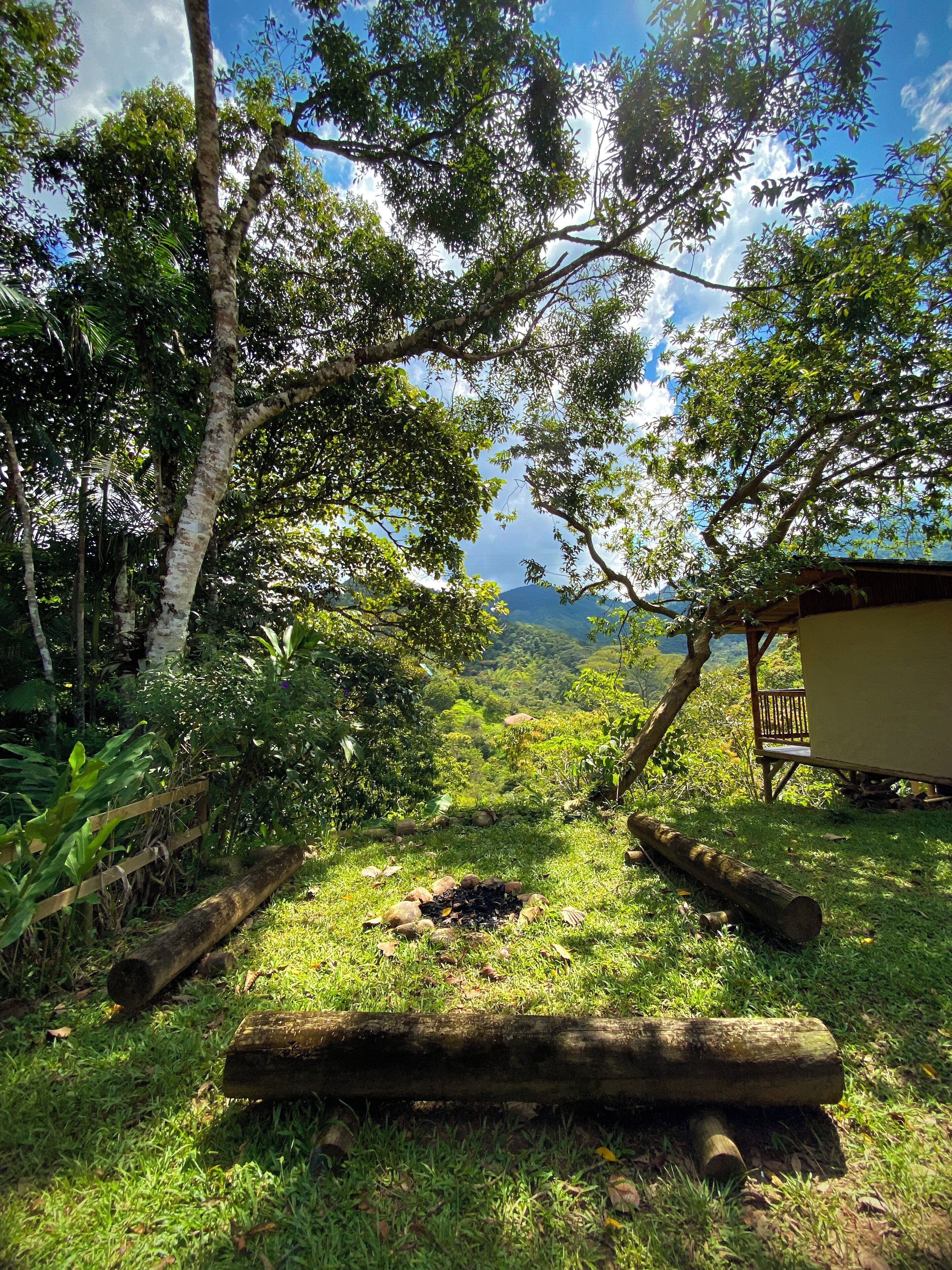 Un espacio exterior exuberante con un banco de madera, una chimenea y vistas a un paisaje montañoso.