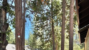 A wooden deck with a glass table and metal chair, surrounded by tall trees and a metal railing. - Pollock Pines - Family get away, 2 miles from Sly Park lake - Near Apple Hill

 (Pollock Pines)