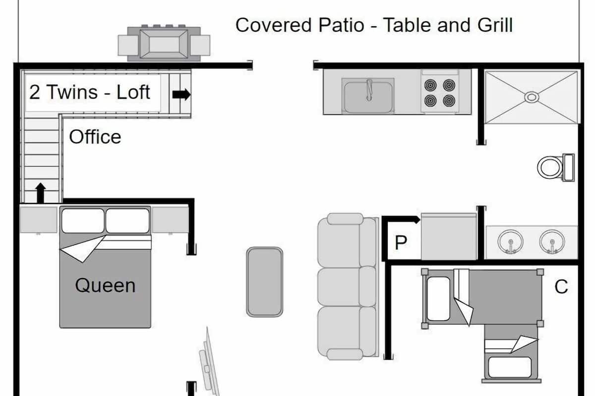 Un patio couvert avec une table et un barbecue, deux chambres situées en mezzanine, un bureau, un lit de type « queen size », un canapé-lit et une kitchenette.