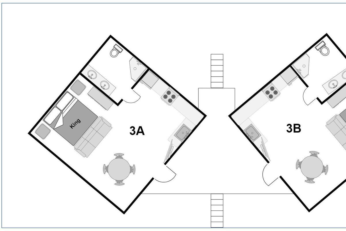 Un plan d’étage d’un hôtel comprenant deux chambres, désignées par les numéros 3A et 3B, chacune équipée d’un lit « king size », d’une salle de bain, d’une kitchenette et d’un coin repas.