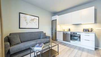 Apartamento Deluxe | Cocina básica privada | Frigorífico, horno, placa de cocina y lavavajillas