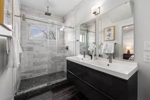 Hair dryer, towels, soap, shampoo