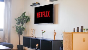 Una sala de estar con un televisor montado en la pared mostrando 'NETFLIX', un mueble de entretenimiento negro con objetos decorativos, una planta en maceta y un sofá.