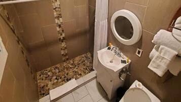 A bathroom with a shower, toilet, sink, and a mirror.