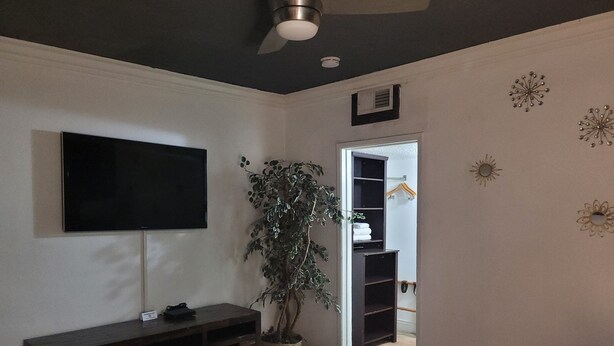 Un dormitorio con cama, televisor montado en la pared, planta en maceta y armario con ropa colgada.