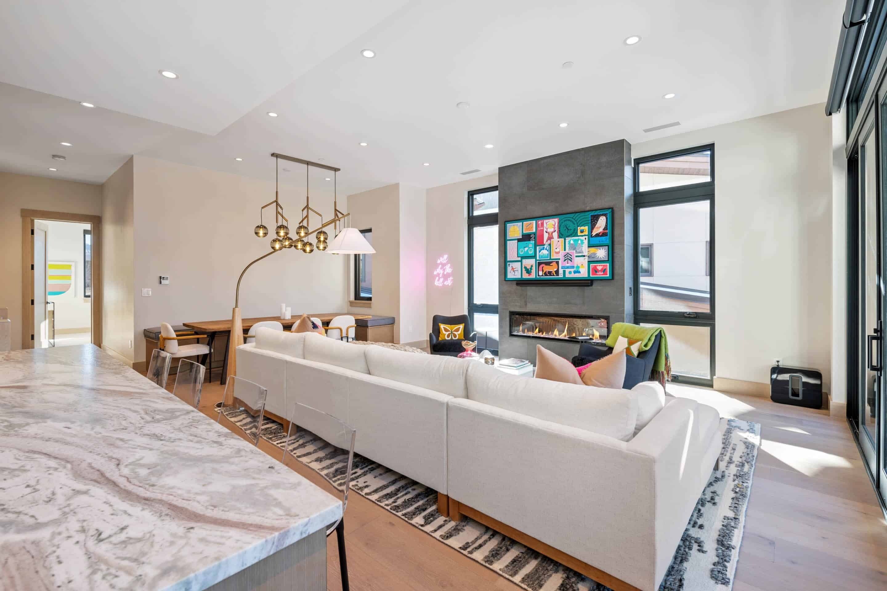 Superior Townhome | Living area | Fireplace, heated floors
