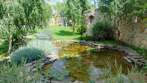 A garden with a pond, stone wall, and a small tree. - CASTEL TRANSILVANIA (Baia Mare)