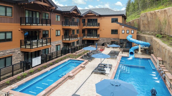 Outdoor pool, pool umbrellas, pool loungers