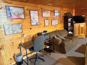 Smart TV, fireplace, video games, DVD player