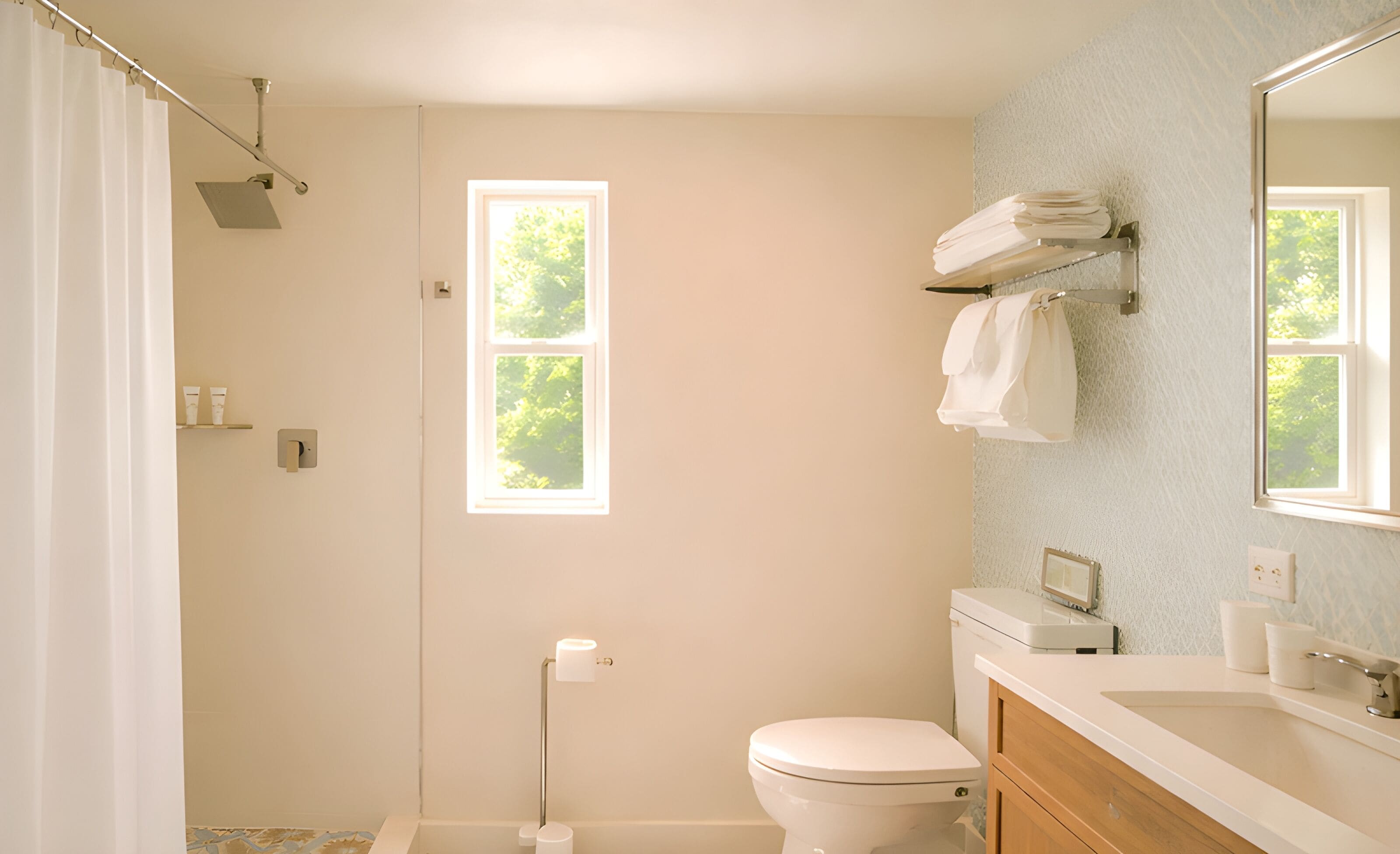 A bathroom with a toilet, sink, and shower area.
