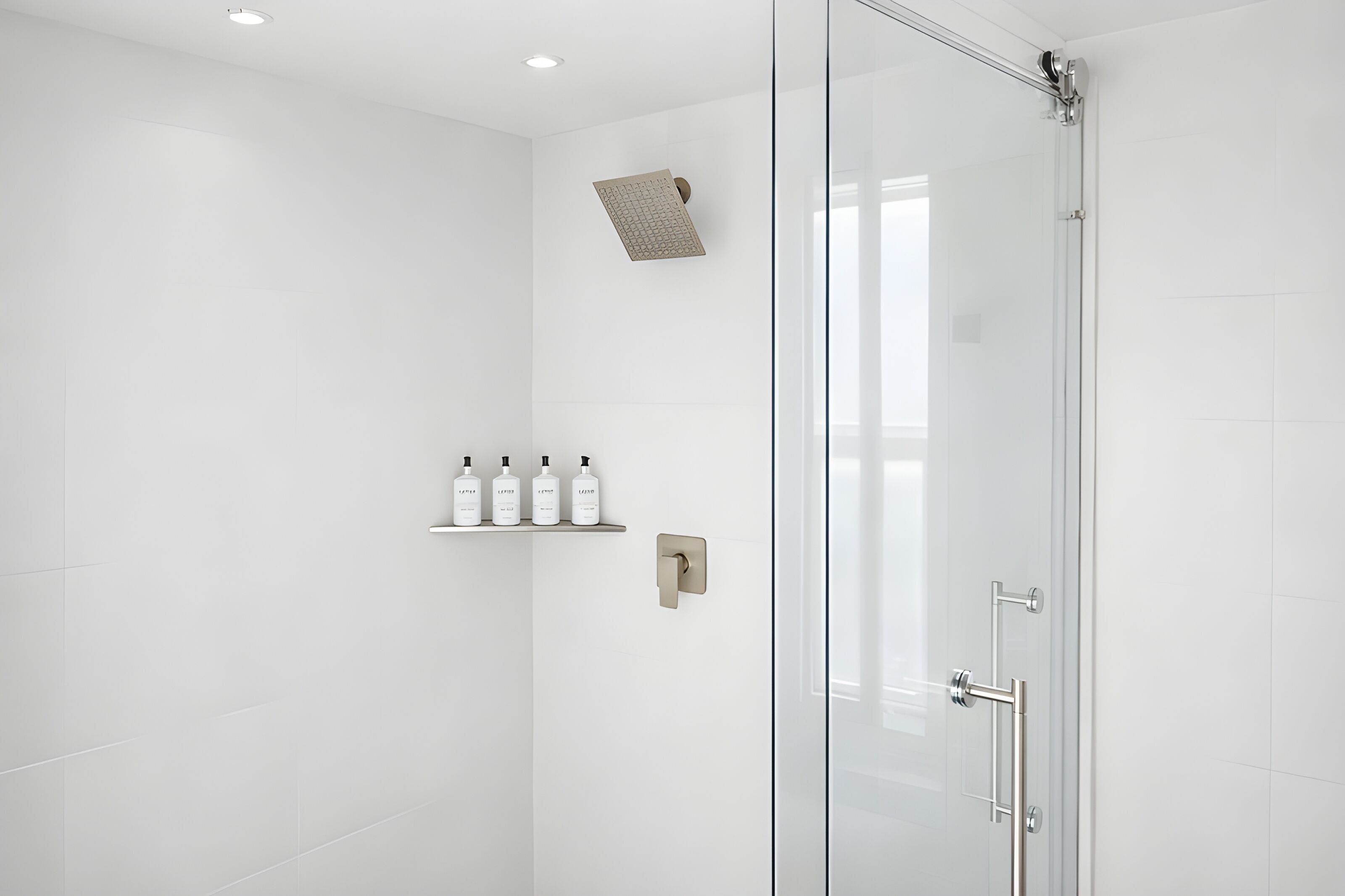 Un baño moderno con cabina de ducha de vidrio, luz empotrada en el techo y un estante con artículos de aseo.