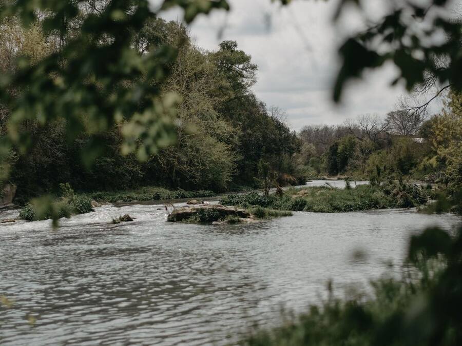 A river with dense foliage on both sides, a rocky outcrop in the water, and a cloudy sky.