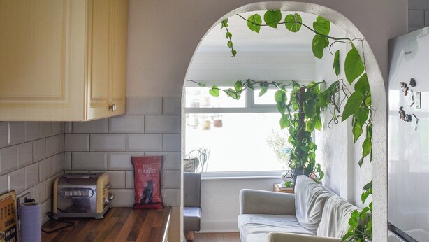 A compact kitchen with wooden flooring, a built-in toaster, a fire blanket, and a window with a view of the outside. - 6 bedroom accommodation in Clacton on Sea (Clacton on Sea)