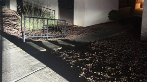 A residential building with a number '220' on the side, a gated entrance, and a driveway leading to the front door.