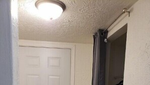 A hallway with a white door, a shower curtain, and a striped rug. - Private Studio whole unit (Rockford)