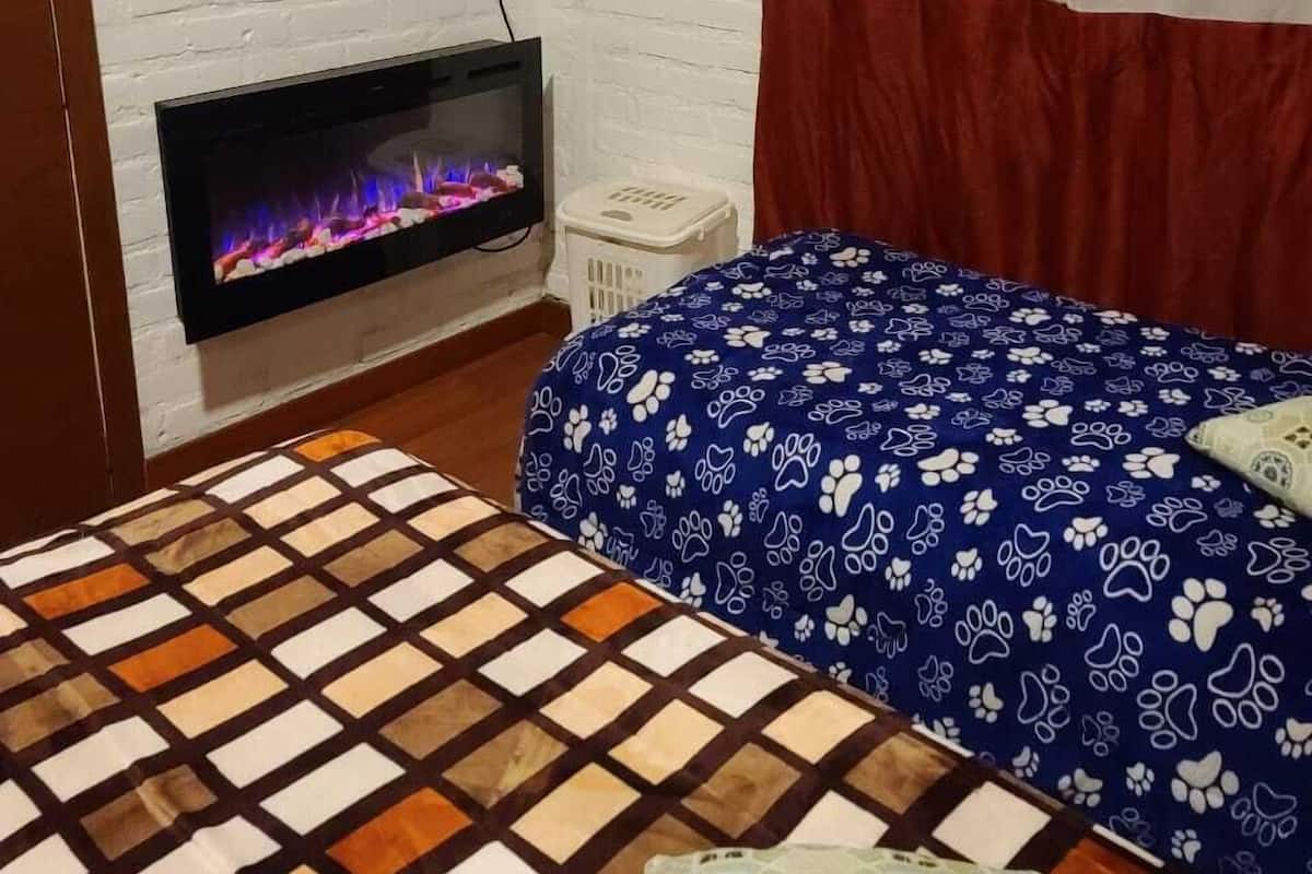 A room with a fireplace, a bed with patterned bedding, and a window with red curtains.