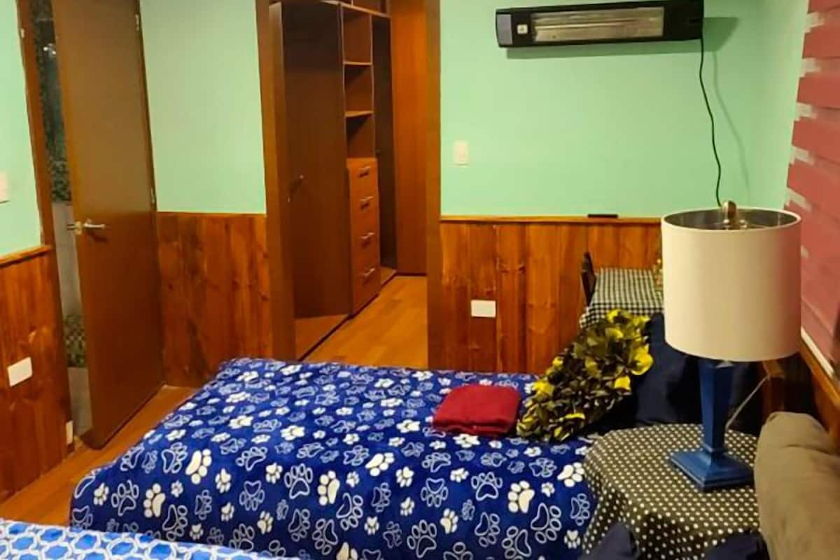 A bedroom with a bed, a wardrobe, a heater, and a lamp.