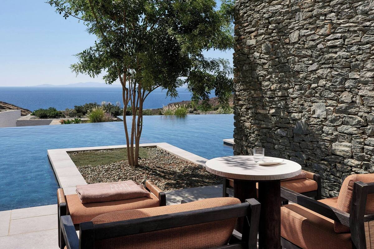 An infinity pool with a stone wall and a tree, surrounded by outdoor furniture.