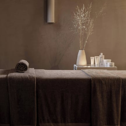 A spa area with a massage table covered in a brown towel, a rolled towel on the table, a vase with dried plants, and various spa products on a small table beside the table.