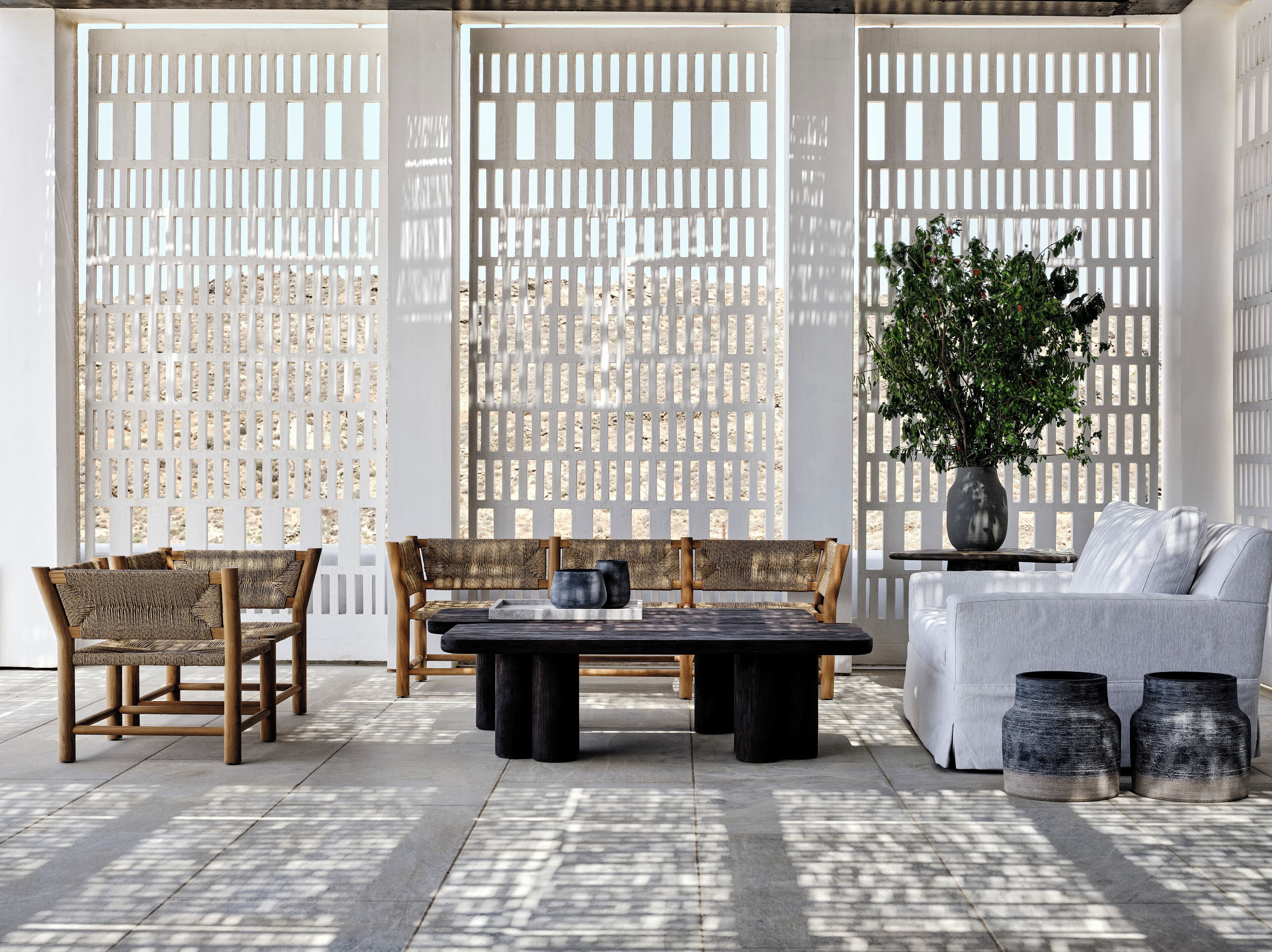 A modern interior with a dining area, sofas, and a potted plant.