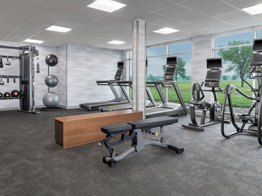 Una palestra con tapis roulant, ellittiche, una panca e attrezzature per sollevamento pesi.