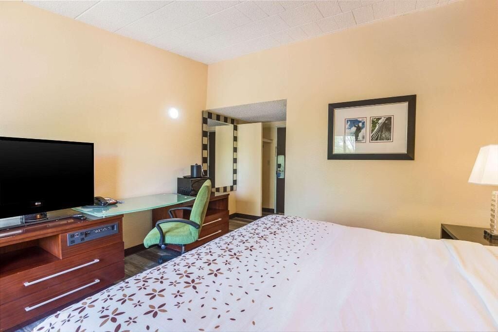 Ein Hotelzimmer mit Bett, Schreibtisch mit Computer, Fernseher, Stuhl, Spiegel und einem gerahmten Bild an der Wand.
