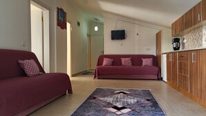 Ein Wohnzimmer mit Sofa und Couch, eine Küche mit Holzschränken und einem gemusterten Teppich.