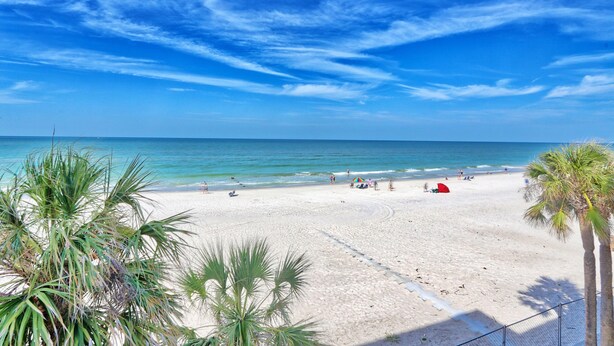 A beach with white sand, palm trees, and a clear blue sky. - Arie Dam 202 (Madeira Beach)