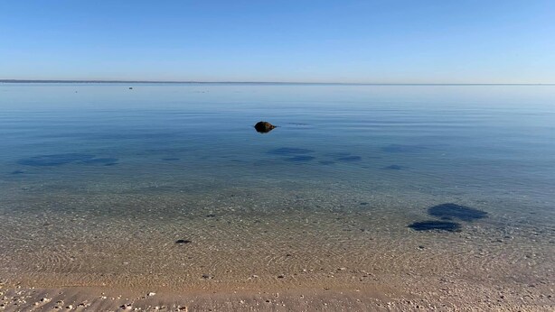 Ruhige See mit klarem Himmel und einem Felsen im Wasser.