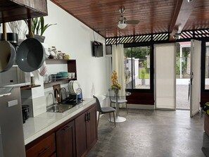 Fridge, stovetop, cookware/dishes/utensils