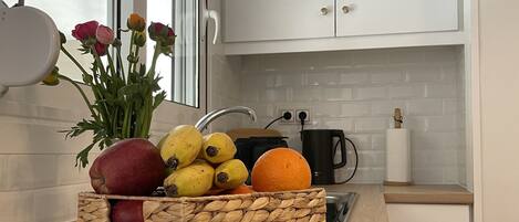 Fridge, oven, coffee/tea maker, toaster