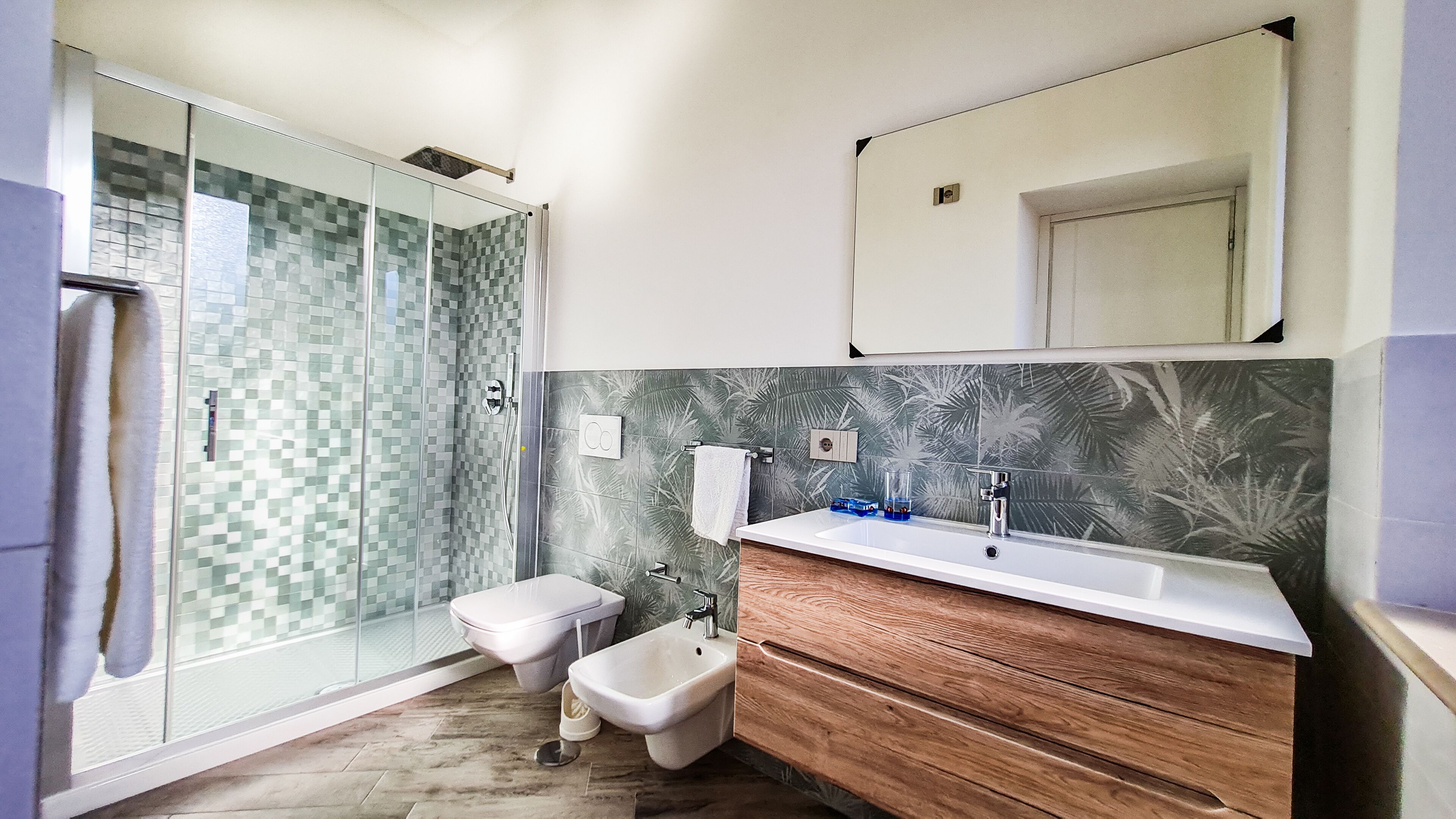 A modern bathroom with a glass-enclosed shower, a bidet, a wooden vanity, and a large mirror.