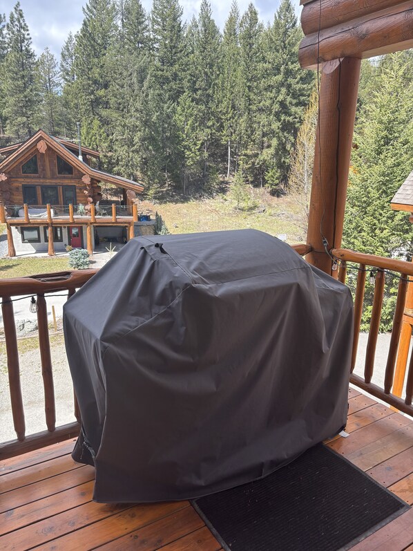 Un espace extérieur abrité, doté d’une terrasse en bois et offrant une vue sur un chalet situé dans une zone boisée.