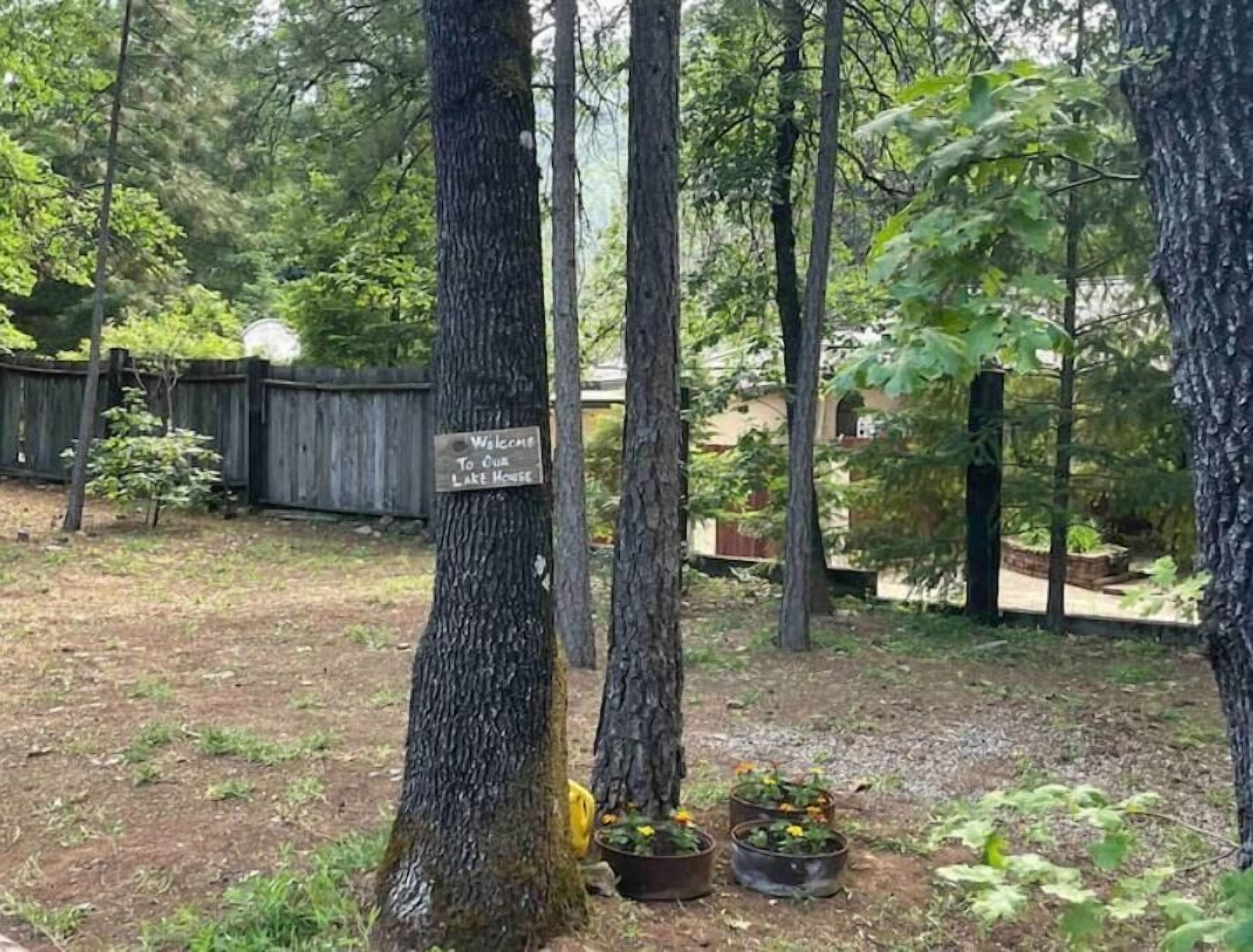A wooden sign on a tree in a wooded area with a wooden fence and potted plants.