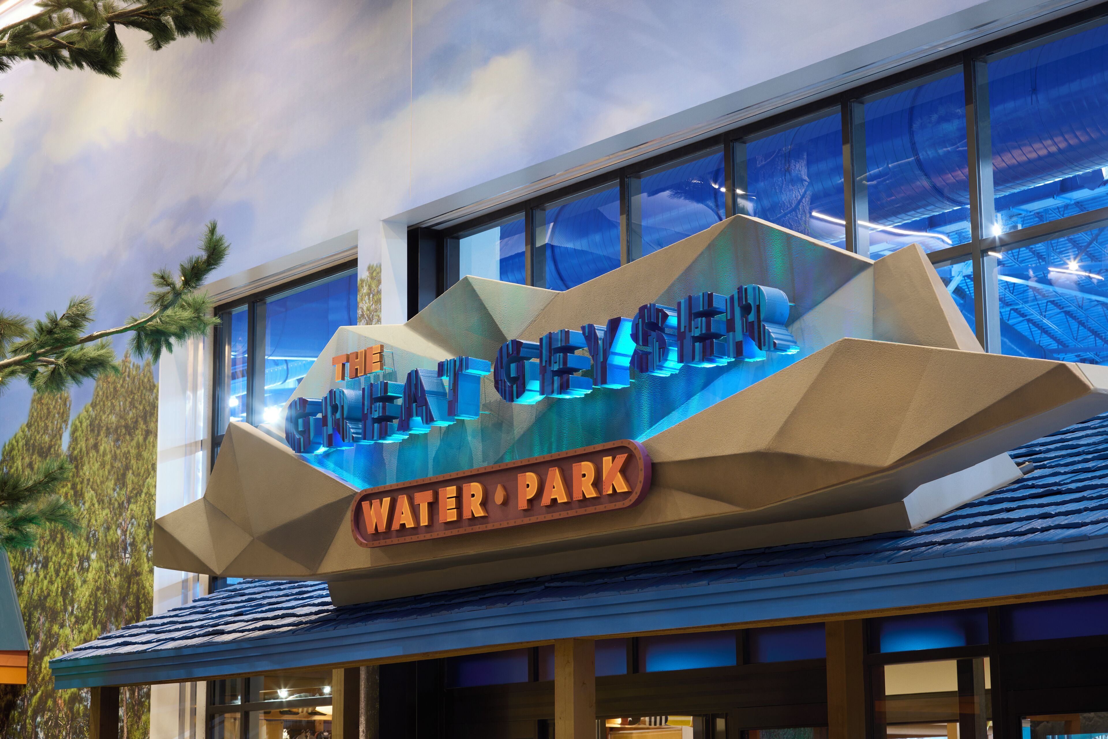 A building with a sign that reads "The Great White Shark Water Park."