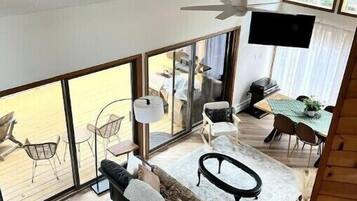 Smart TV, fireplace, books, stereo