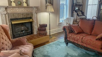 Televisión, chimenea, libros