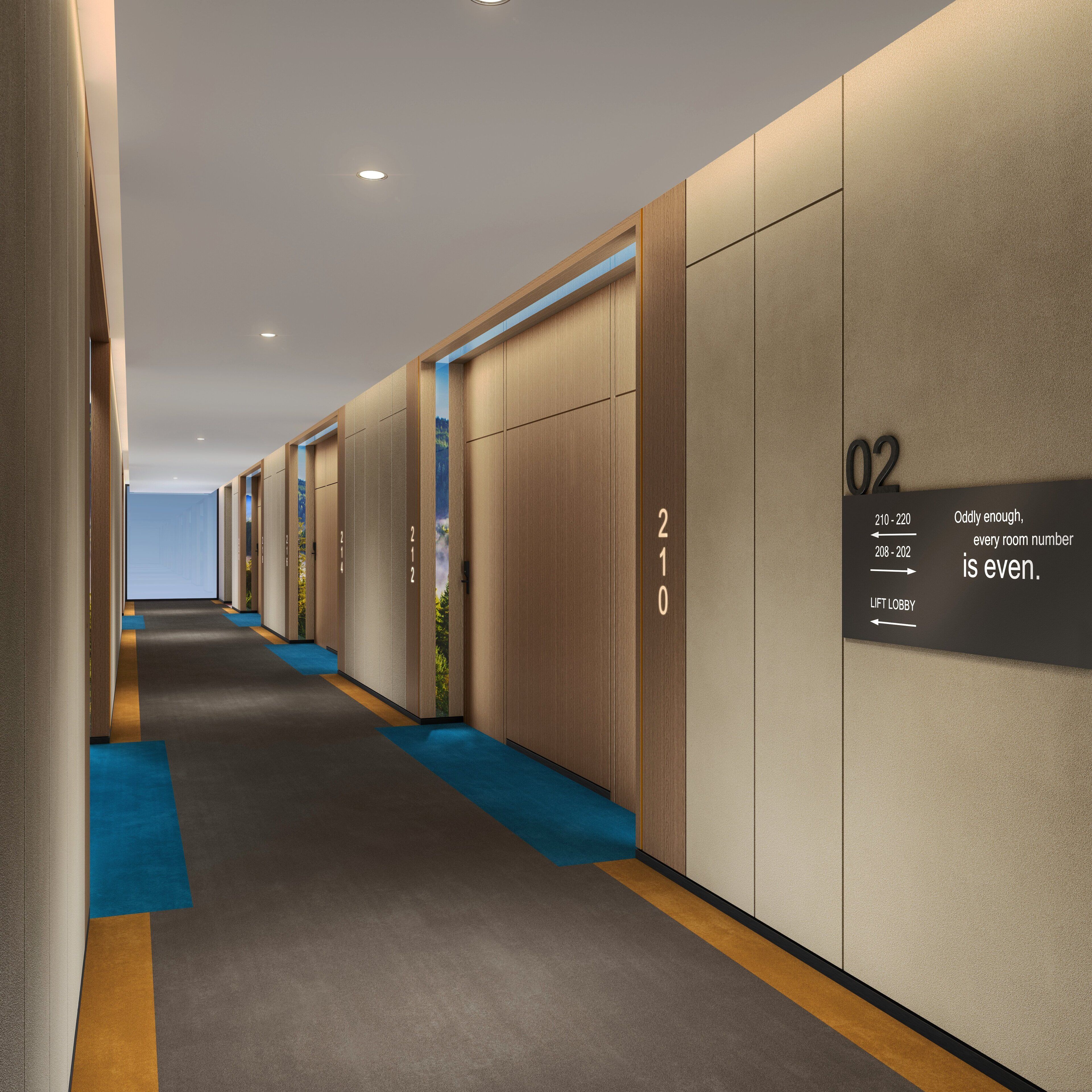 Un pasillo de hotel con habitaciones numeradas, un cartel de la entrada del ascensor y flechas indicativas.